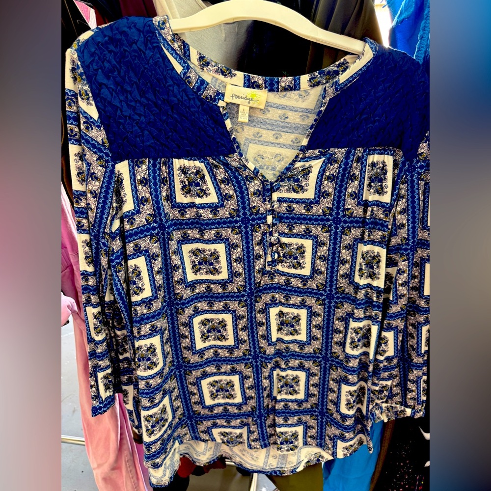 Elegant Blue and Cream Patterned Blouse
